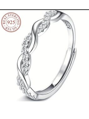 Sterling Silver 925 Twisted Band Ring with Clear Stones - Silver